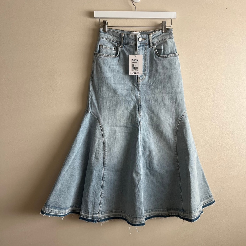 GANNI Flared Denim Midi‎ Skirt Tint Wash Blue Fluted Peplum NWT 36 US 4 S